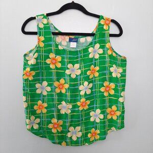 90s Green Yellow Tank Top Blouse Floral Print Vtg Studio Live Women's Small